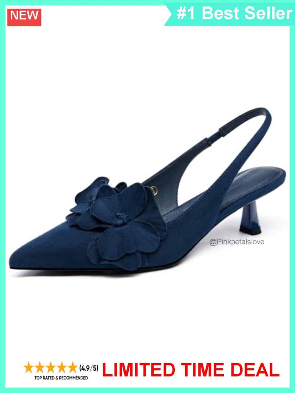Women's Slingback Kitten Heels Leather Pointed Toe Flower Pumps